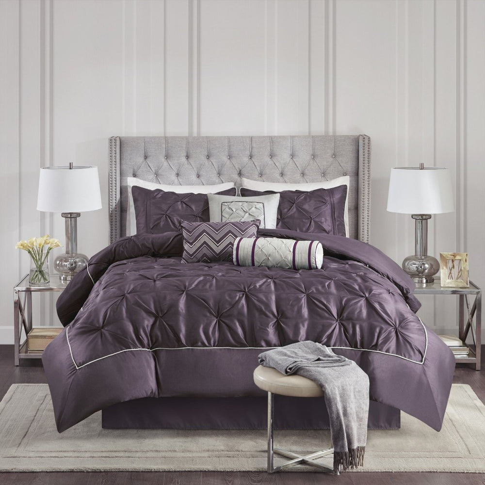 English Elm 7-piece Queen Tufted Pleated Comforter Set with Shams Bed Skirt Decorative Pillows Plum B035P463174