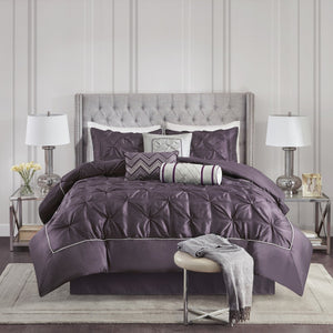 English Elm 7-piece Queen Tufted Pleated Comforter Set with Shams Bed Skirt Decorative Pillows Plum B035P463174