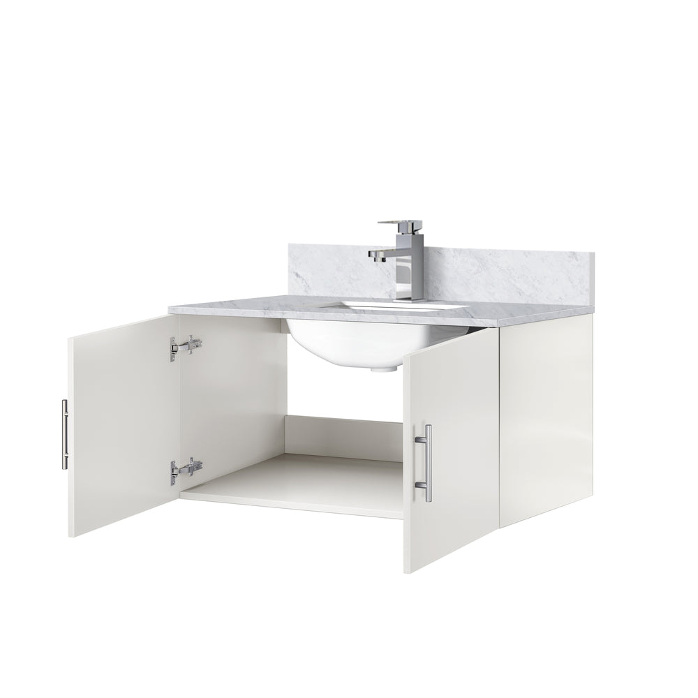 English Elm Glossy White Bath Vanity With Carrara Marble Top, Soft-Close Hardware & Chrome Faucet Set, 36" W B2731P258629