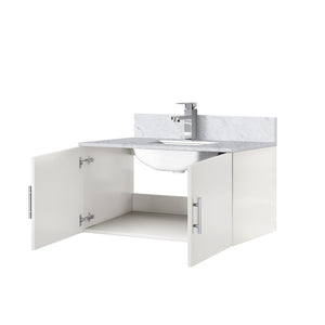 English Elm Glossy White Bath Vanity With Carrara Marble Top, Soft-Close Hardware & Chrome Faucet Set, 36" W B2731P258629