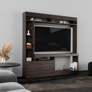 English Elm Dante 71" Wide Freestanding Entertainment Center with 8 Shelves, TV Stand, Bookcase & Cabinet in Dark Walnut B200S00415