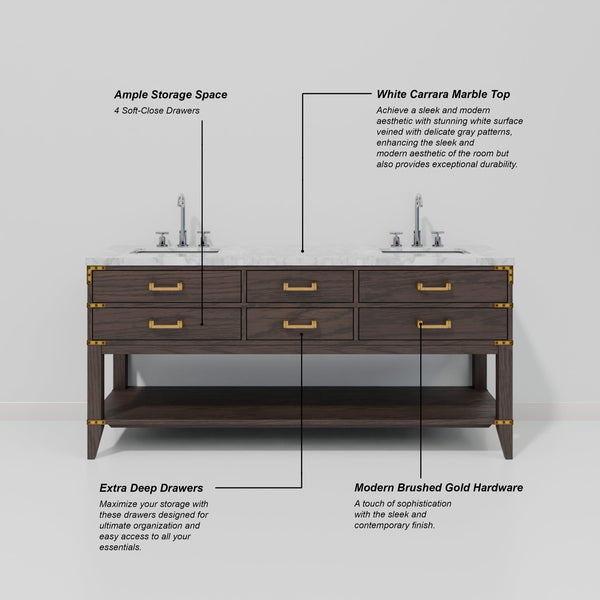 English Elm Brown Oak Double Vanity 72" W X 22" D With Carrara Marble Top & Chrome Faucet - Luxurious Storage! B2731P260294