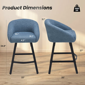 English Elm Bar Upholstered Counter Stool Set of 2 with Back and Armrests, Velvet Seat, 27" Comfort Height, Durable Blue T3623P407968