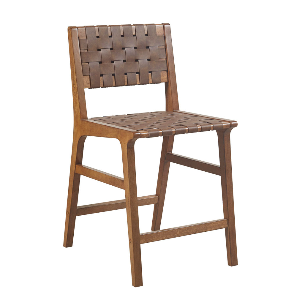 JLA Home INK+IVY - Faux Woven Counter Stool 24"H — Mid-Century Faux Leather Seat, Pecan Wood Frame, Cushioned Support II104-0511
