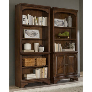 English Elm Stigham Burnished Oak Bookcase with 5-Tier Shelves, 3 Adjustable, 2-Door Cabinet & Wire Management B062P357844