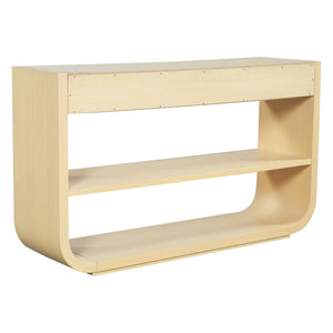 English Elm [video] Sculptural Console Table Pine Wood Curved Legs Soft-close Drawers Open Shelving Entryway Natural N759P433560N