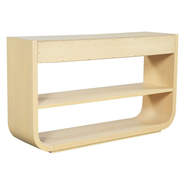 English Elm [video] Sculptural Console Table Pine Wood Curved Legs Soft-close Drawers Open Shelving Entryway Natural N759P433560N