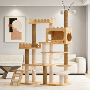 English Elm 66.9" Tall Wood Cat Tree with Acrylic Hammock Sisal Posts and Perch for Indoor Cats W3101P445946