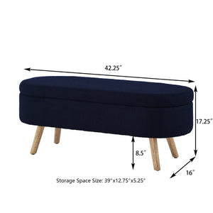 English Elm Luxury Boucle Oval Ottoman Bench with Hidden Storage Rubberwood Legs Entryway Seat Navy Blue W2186P430718