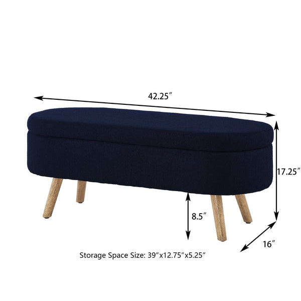 English Elm Luxury Boucle Oval Ottoman Bench with Hidden Storage Rubberwood Legs Entryway Seat Navy Blue W2186P430718