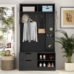 English Elm Hall Tree Entryway Organizer with 6 Hooks, Storage Bench & Open Shelves for Shoes and Coats Black 58.46 L x 21.85 W x 6.5 H W1321P190220