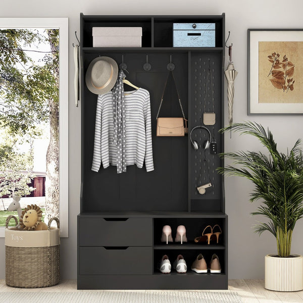 English Elm Hall Tree with Bench Six Hooks Open Shelves Matte Black Mdf Entryway Organizer W1321P444289