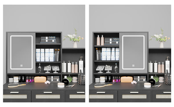English Elm Makeup Vanity with Lights, Openable Mirror & Ample Storage Shelves, 4 Drawers and Cabinet Elegance Black W2227P160482