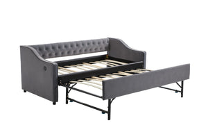 English Elm Twin Velvet Daybed with Pull Out Trundle Tufted Back Usb Port and Side Pockets Grey W1361S00036