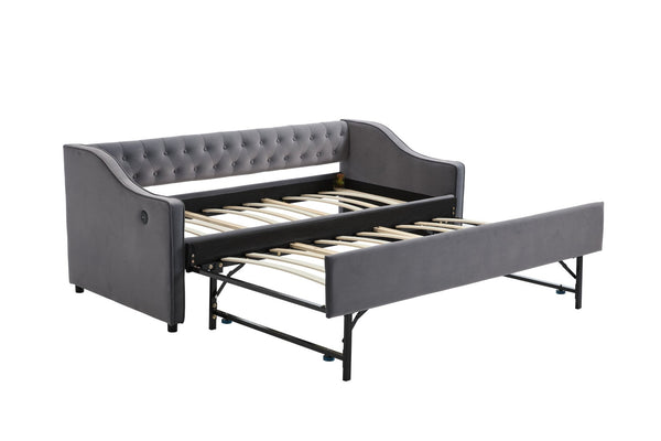 English Elm Twin Velvet Daybed with Pull Out Trundle Tufted Back Usb Port and Side Pockets Grey W1361S00036