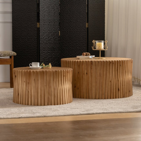 English Elm Vintage Cylindrical Nesting Coffee Table Set, Textured Embossed Wood Accent Tables for Living Room Natural W757P195740