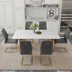 English Elm Table Set With Glass Top & Imitation Marble - 6 Comfortable Pu Chairs & Golden Stainless Legs W1151S04349-GIGA