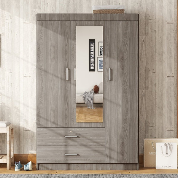 English Elm 3-door Wardrobe with Full Length Mirror Lockable Drawer and Bedroom Shelf Storage Gray LP006601AAE