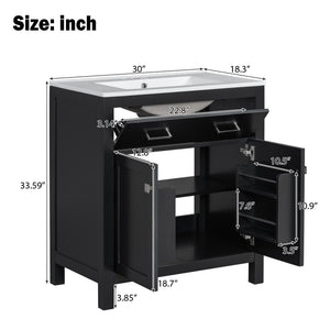 English Elm 30" Modern Bathroom Vanity with Ceramic Sink and Soft-Close Doors, Solid Wood MDF Build, Sleek Handles Black N729P263155B