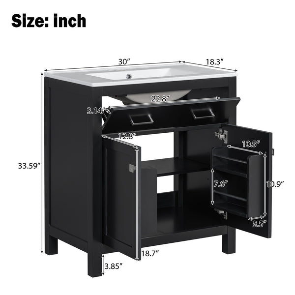 English Elm 30" Modern Bathroom Vanity with Ceramic Sink and Soft-Close Doors, Solid Wood MDF Build, Sleek Handles Black N729P263155B