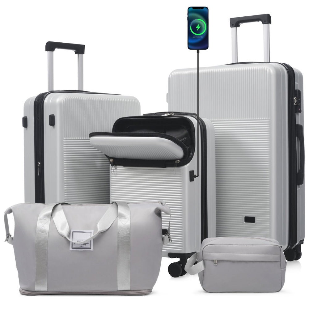 English Elm Luggage 5 Piece Hardside Abs Set with Front Access Carry on and Tsa Spinner Wheels Silver N732P391579D
