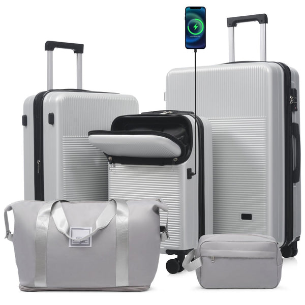 English Elm Luggage 5 Piece Hardside Abs Set with Front Access Carry on and Tsa Spinner Wheels Silver N732P391579D