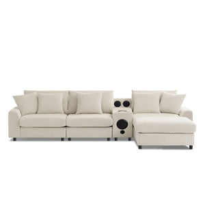 English Elm [video]112*64'' Corduroy L-shaped Sectional Cloud Sofa with Bluetooth Console Ottoman Living Room N723S1756A