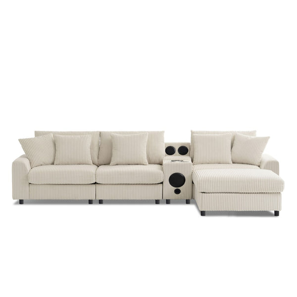 English Elm [video]112*64'' Corduroy L-shaped Sectional Cloud Sofa with Bluetooth Console Ottoman Living Room N723S1756A