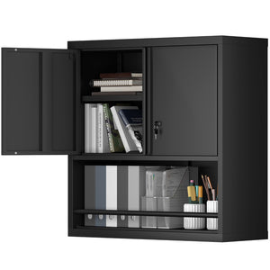 English Elm Metal Wall Mounted Steel Cabinet Lockable Doors Adjustable Shelves Kitchen Office Storage Black T3625P366858