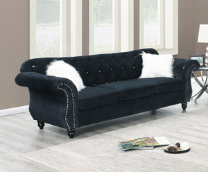 English Elm Formal Velvet Tufted Sofa with Silver Nailhead Trim and Rolled Arms — Elegant 93"L Living Room Statement piece Black 34 L x 34 W x 16 H B011S01696