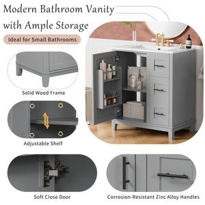 English Elm 30-inch Modern Bathroom Vanity with Ceramic Basin, Rubberwood Frame, Soft-Close Drawers & Organized Storage Grey N729P290689E