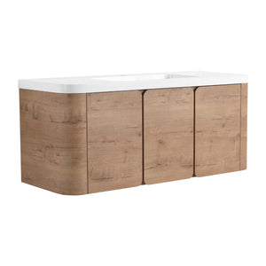 English Elm 48" Floating Bathroom Vanity Dual Ceramic Vessel Sinks Oak Finish Soft Close Doors W999S00507