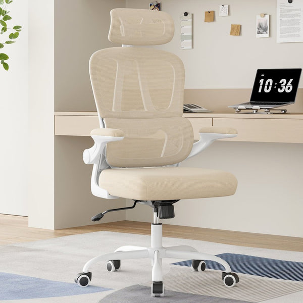 English Elm Ergonomic Mesh High Back Desk Chair with Lumbar Support Flip up Arms and Headrest Khaki,White T3623P434272