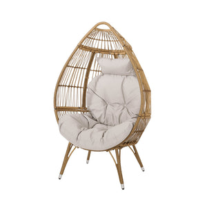 English Elm Christopher Knight Home® - SERINA Teardrop Wicker Outdoor Chair with Water-Resistant Beige Cushion, Light Brown Faux Rattan, Sturdy Iron Frame 69367.00LBRN