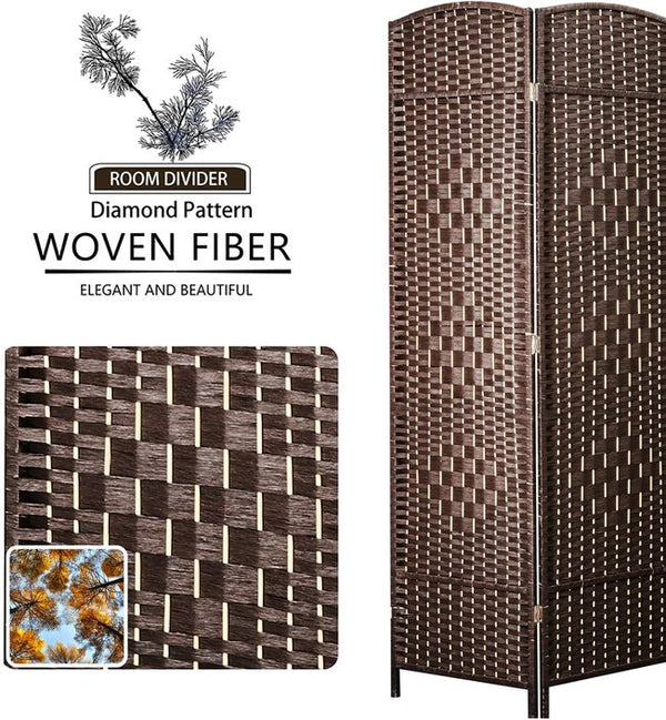 English Elm 8 Panel Room Divider with Hand-Woven Fiber Straps, Solid Wood Folding Screen for Privacy & Style Walnut Brown W3198P299186