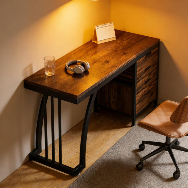English Elm Extensive Industrial Writing Desk with Metal Frame Three Drawers and File Storage T3971P450857