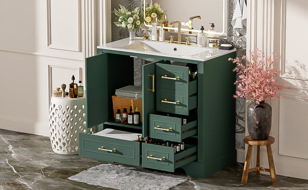 English Elm 36" Traditional Bathroom Vanity with Ceramic Sink, Solid Wood Cabinet, Soft-Close Doors & Drawers Green N729P251630F
