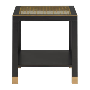 English Elm Glass Two Tier Square Side Table with Gold Mesh Tempered Top and Black Metal Frame Black+Gold W3587P456317