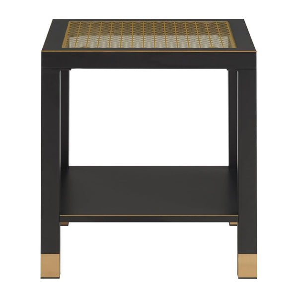 English Elm Glass Two Tier Square Side Table with Gold Mesh Tempered Top and Black Metal Frame Black+Gold W3587P456317