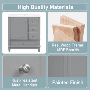 English Elm Christopher Knight Home® - 30" Freestanding Bathroom Vanity with Ceramic Sink, Soft-Close Door, Gold Knobs & 3 Drawers, Durable Painted Finish Grey N759P225994E