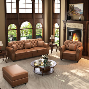 English Elm Upholstered Faux Leather Chesterfield Sofa Mid-century Tufted Nailhead Trim 3 Seater Brown W1885S00435
