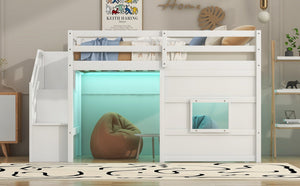 English Elm Twin Loft Bed Pinewood Frame with Storage Staircase Led Lighting and Window Cutout White GX000436AAK
