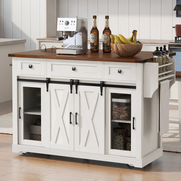 English Elm K&K 58" Farmhouse Kitchen Island with Sliding Barn Door, Drop Leaf, Glass Rack, Locking Wheels, Power White N707P349811W