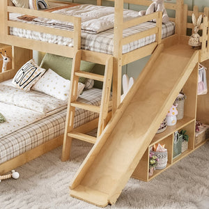 English Elm Twin Over Full Playhouse Bunk Bed with Slide Ladder Storage Shelves and Wardrobe W5305S00040