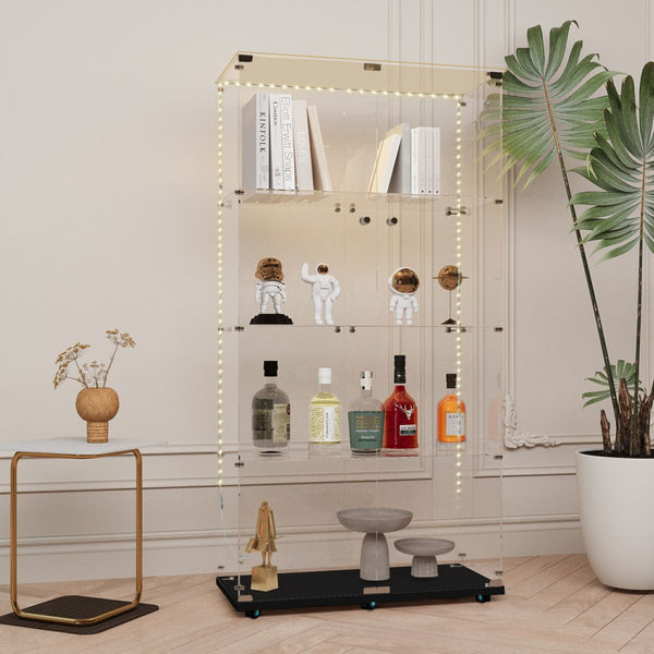 English Elm Tempered Glass Display Cabinet With Bluetooth Led Lighting, Swivel Casters, Versatile Storage Solutions W3155S00003-GIGA