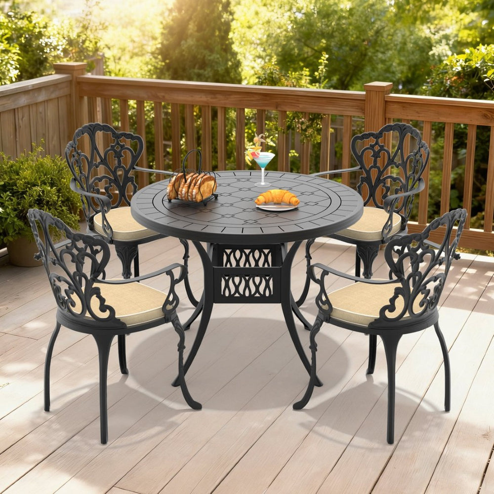English Elm 5-piece Cast Aluminum Outdoor Dining Set with Ornate Relief Patterning and Cushioned Armchairs W1710S00550
