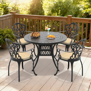 English Elm 5-piece Cast Aluminum Outdoor Dining Set with Ornate Relief Patterning and Cushioned Armchairs W1710S00550