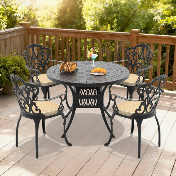 English Elm 5-piece Cast Aluminum Outdoor Dining Set with Ornate Relief Patterning and Cushioned Armchairs W1710S00550