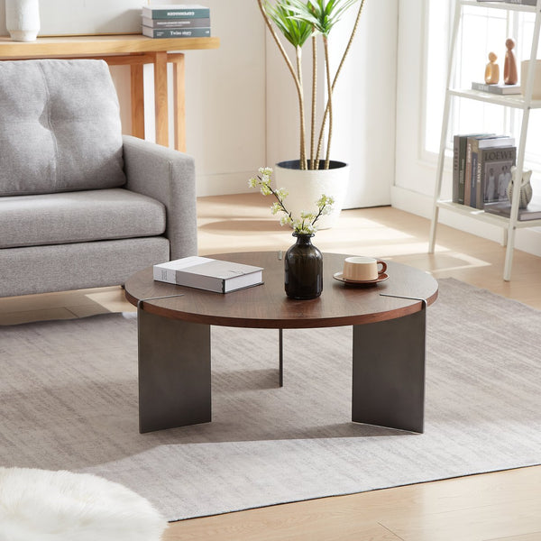 English Elm Round Round Coffee Table with Distressed Walnut Laminate Top and Sturdy Metal Frame, Eco-Friendly Finish Dark Brown W820S00065