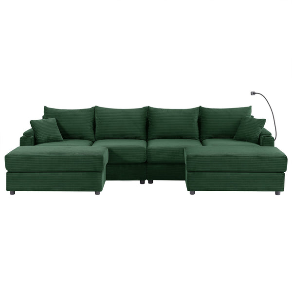 English Elm 123.2" Modular 4-seater Sectional Sofa with Hidden Storage, USB Ports, Cup Holders, Plush Corduroy Green N719S001614F
